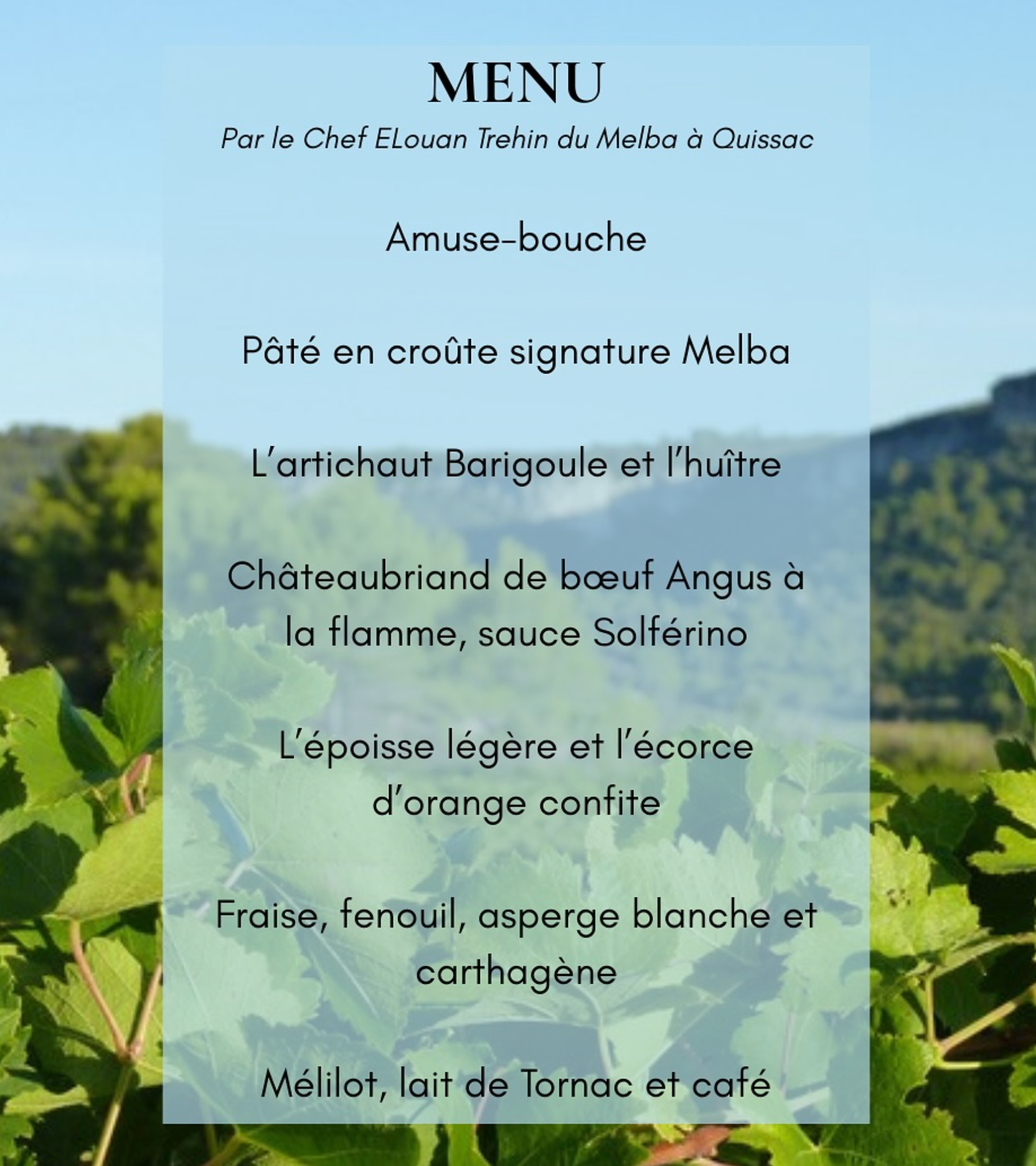 DINER GASTRONOMIQUE face aux vignes les jeudis 8 mai 2025 ou 10 Juillet par MELBA