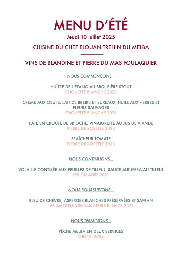 DINER GASTRONOMIQUE face aux vignes  jeudi 10 juillet 2025  par MELBA